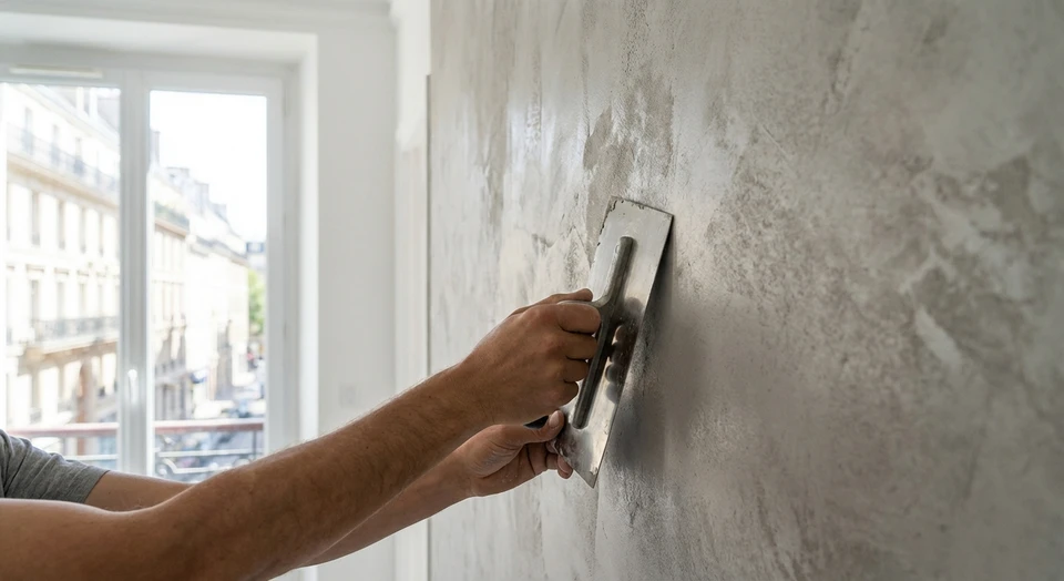 Gros plan sur un mur intérieur en cours de finition montrant une application de peinture murale à effet béton ciré ou peinture texturée, avec un pinceau ou un outil de peinture en action. L'image doit montrer le détail technique du travail, dans un intérieur lumineux et moderne, évoquant la qualité et le professionnalisme de la finition décorative.